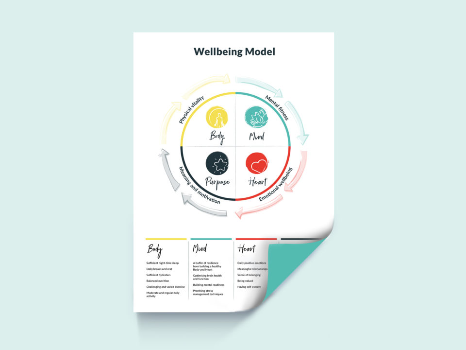 Model showing the 4 elements of wellbeing: physical vitality, mental fitness, emotional wellbeing, meaning and motivation